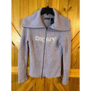 Vintage DKNY 100% Lambs Wool Zip Up Knit Sweater Purple Size Medium (5367)